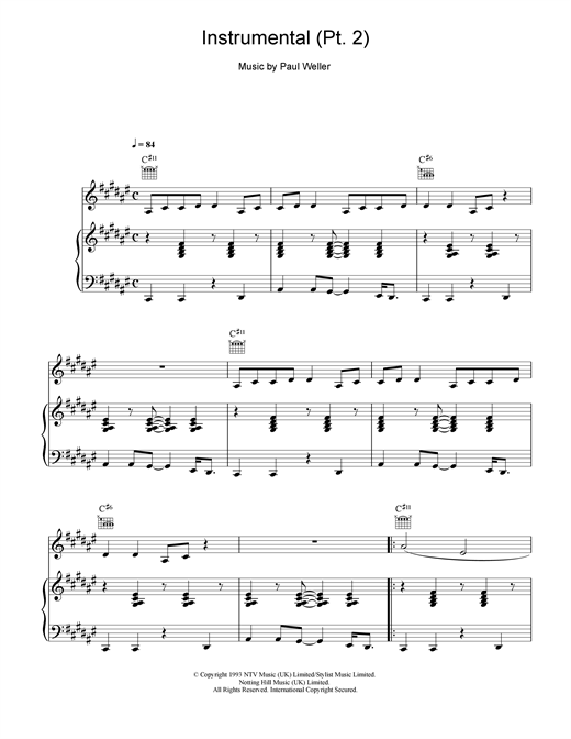 Preview Paul Weller Instrumental (pt2) Rock sheet music, notes and chords for Piano, Vocal & Guitar (Right-Hand Melody), SKU: 15087 sheet music, piano notes, chords, guitar tabs, score, transpose, transcribe, how to play, guide, download, learn, tutorial, progression, song, artist, awards, billboard, mtv, vh1, tour, single, album, release