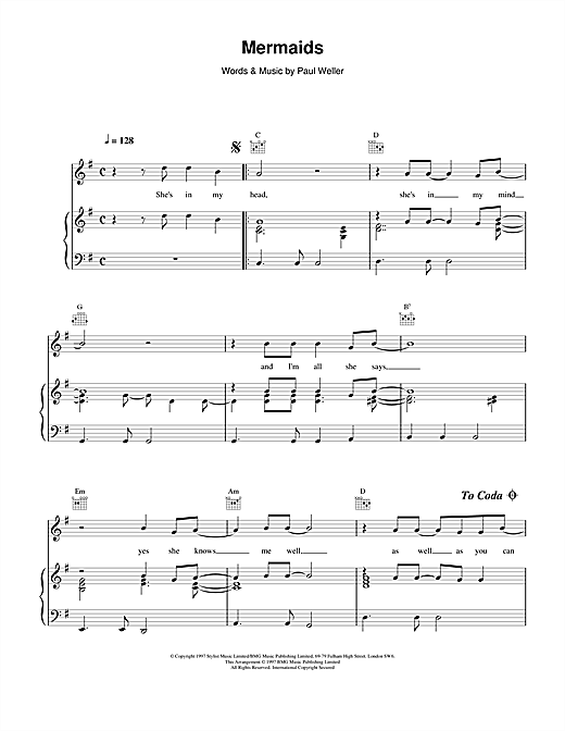 Preview Paul Weller Mermaids Rock sheet music, notes and chords for Piano, Vocal & Guitar (Right-Hand Melody), SKU: 15088 sheet music, piano notes, chords, guitar tabs, score, transpose, transcribe, how to play, guide, download, learn, tutorial, progression, song, artist, awards, billboard, mtv, vh1, tour, single, album, release