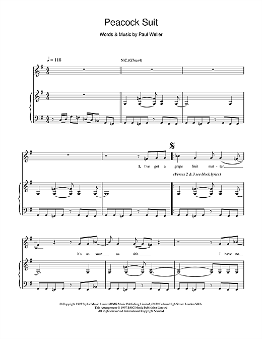 Preview Paul Weller Peacock Suit Rock sheet music, notes and chords for Piano, Vocal & Guitar, SKU: 15090 sheet music, piano notes, chords, guitar tabs, score, transpose, transcribe, how to play, guide, download, learn, tutorial, progression, song, artist, awards, billboard, mtv, vh1, tour, single, album, release