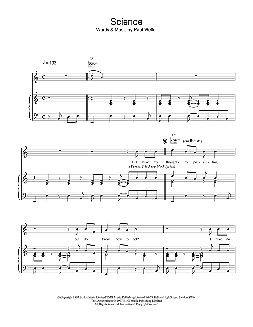 Preview Paul Weller Science Rock sheet music, notes and chords for Piano, Vocal & Guitar (Right-Hand Melody), SKU: 15091 sheet music, piano notes, chords, guitar tabs, score, transpose, transcribe, how to play, guide, download, learn, tutorial, progression, song, artist, awards, billboard, mtv, vh1, tour, single, album, release