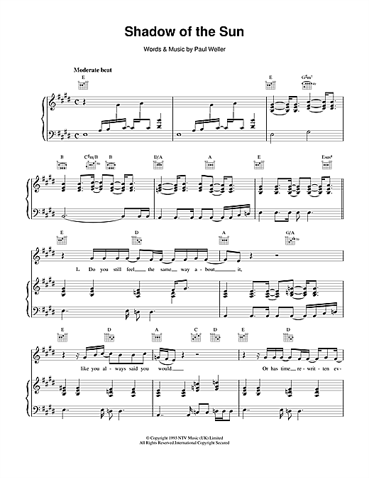 Preview Paul Weller Shadow Of The Sun Rock sheet music, notes and chords for Piano, Vocal & Guitar, SKU: 15092 sheet music, piano notes, chords, guitar tabs, score, transpose, transcribe, how to play, guide, download, learn, tutorial, progression, song, artist, awards, billboard, mtv, vh1, tour, single, album, release