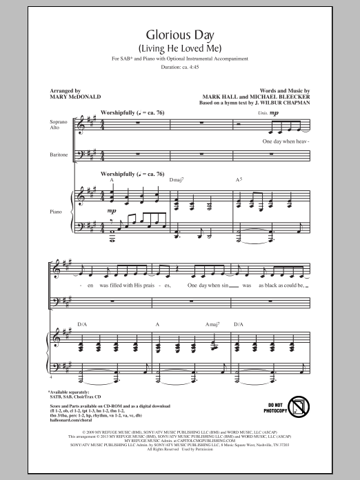 Mary Mcdonald Glorious Day Living He Loved Me Sheet Music Notes Chords Download Religious Notes Sab Pdf Print 151089