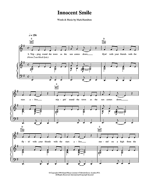 Preview Ash Innocent Smile Pop sheet music, notes and chords for Piano, Vocal & Guitar (Right-Hand Melody), SKU: 15116 sheet music, piano notes, chords, guitar tabs, score, transpose, transcribe, how to play, guide, download, learn, tutorial, progression, song, artist, awards, billboard, mtv, vh1, tour, single, album, release