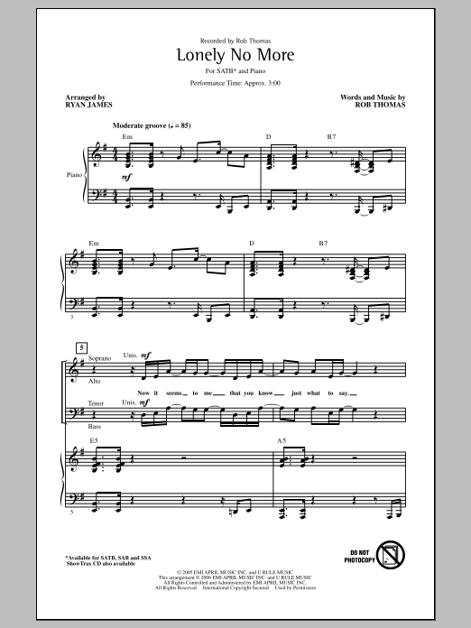 Rob Thomas Lonely No More (Arr. Ryan James) Sheet Music Notes.