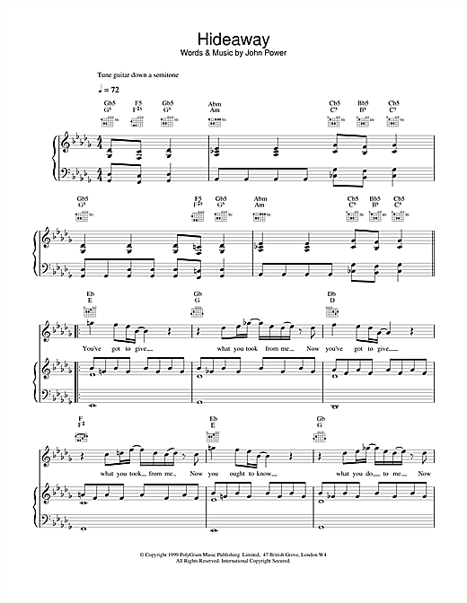 Preview Cast Hideaway Pop sheet music, notes and chords for Piano, Vocal & Guitar (Right-Hand Melody), SKU: 15137 sheet music, piano notes, chords, guitar tabs, score, transpose, transcribe, how to play, guide, download, learn, tutorial, progression, song, artist, awards, billboard, mtv, vh1, tour, single, album, release