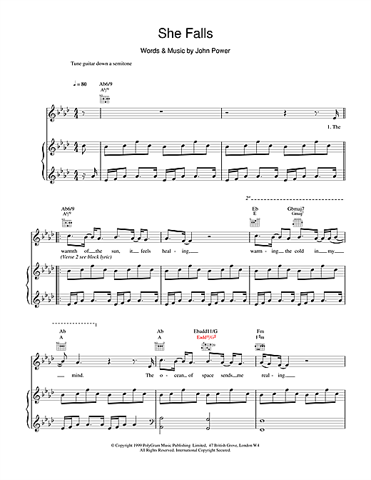 Preview Cast She Falls Pop sheet music, notes and chords for Piano, Vocal & Guitar (Right-Hand Melody), SKU: 15139 sheet music, piano notes, chords, guitar tabs, score, transpose, transcribe, how to play, guide, download, learn, tutorial, progression, song, artist, awards, billboard, mtv, vh1, tour, single, album, release