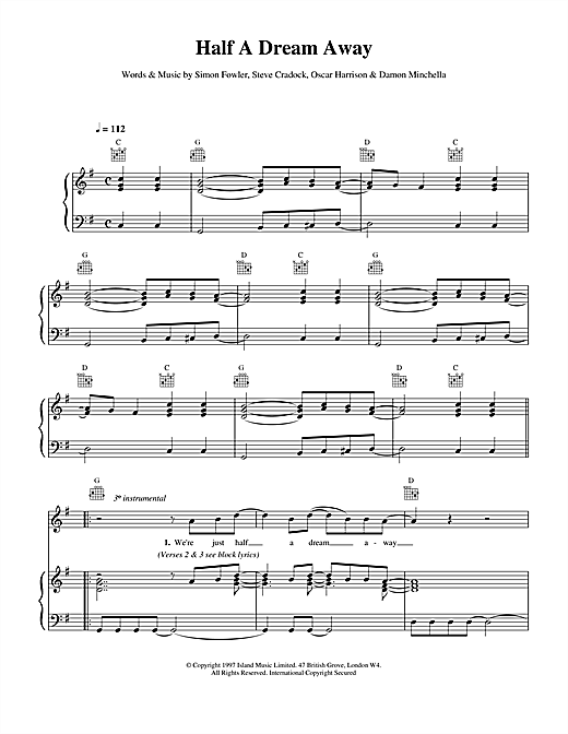 Preview Ocean Colour Scene Half A Dream Away Rock sheet music, notes and chords for Piano, Vocal & Guitar (Right-Hand Melody), SKU: 15150 sheet music, piano notes, chords, guitar tabs, score, transpose, transcribe, how to play, guide, download, learn, tutorial, progression, song, artist, awards, billboard, mtv, vh1, tour, single, album, release
