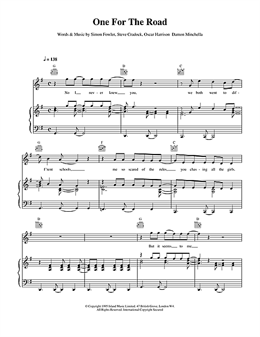 Preview Ocean Colour Scene One For The Road Rock sheet music, notes and chords for Piano, Vocal & Guitar (Right-Hand Melody), SKU: 15155 sheet music, piano notes, chords, guitar tabs, score, transpose, transcribe, how to play, guide, download, learn, tutorial, progression, song, artist, awards, billboard, mtv, vh1, tour, single, album, release