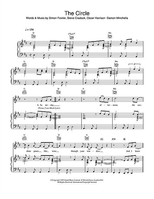 Preview Ocean Colour Scene The Circle Rock sheet music, notes and chords for Piano, Vocal & Guitar (Right-Hand Melody), SKU: 15159 sheet music, piano notes, chords, guitar tabs, score, transpose, transcribe, how to play, guide, download, learn, tutorial, progression, song, artist, awards, billboard, mtv, vh1, tour, single, album, release