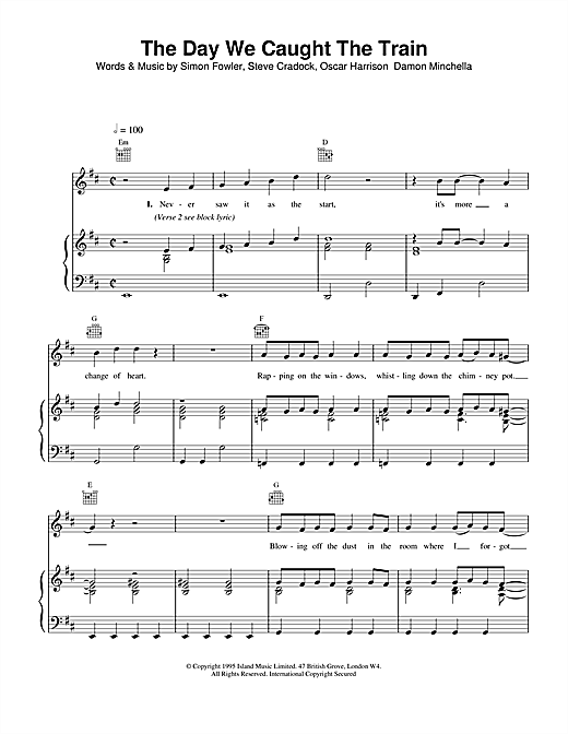 Preview Ocean Colour Scene The Day We Caught The Train Rock sheet music, notes and chords for Piano, Vocal & Guitar (Right-Hand Melody), SKU: 15160 sheet music, piano notes, chords, guitar tabs, score, transpose, transcribe, how to play, guide, download, learn, tutorial, progression, song, artist, awards, billboard, mtv, vh1, tour, single, album, release