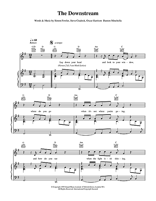 Preview Ocean Colour Scene The Downstream Rock sheet music, notes and chords for Piano, Vocal & Guitar (Right-Hand Melody), SKU: 15161 sheet music, piano notes, chords, guitar tabs, score, transpose, transcribe, how to play, guide, download, learn, tutorial, progression, song, artist, awards, billboard, mtv, vh1, tour, single, album, release