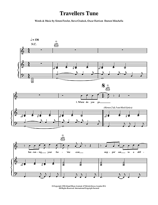 Preview Ocean Colour Scene Travellers Tune Rock sheet music, notes and chords for Piano, Vocal & Guitar, SKU: 15163 sheet music, piano notes, chords, guitar tabs, score, transpose, transcribe, how to play, guide, download, learn, tutorial, progression, song, artist, awards, billboard, mtv, vh1, tour, single, album, release