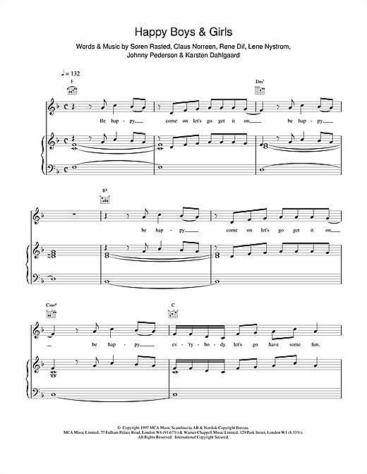 Preview Aqua Happy Boys and Girls Pop sheet music, notes and chords for Piano, Vocal & Guitar (Right-Hand Melody), SKU: 15170 sheet music, piano notes, chords, guitar tabs, score, transpose, transcribe, how to play, guide, download, learn, tutorial, progression, song, artist, awards, billboard, mtv, vh1, tour, single, album, release