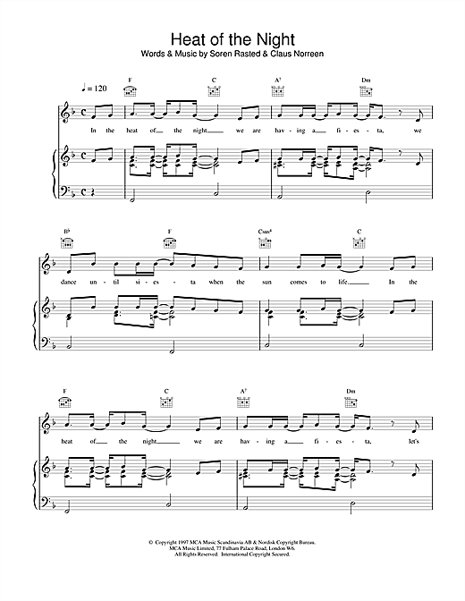 Preview Aqua Heat of the Night Pop sheet music, notes and chords for Piano, Vocal & Guitar (Right-Hand Melody), SKU: 15171 sheet music, piano notes, chords, guitar tabs, score, transpose, transcribe, how to play, guide, download, learn, tutorial, progression, song, artist, awards, billboard, mtv, vh1, tour, single, album, release