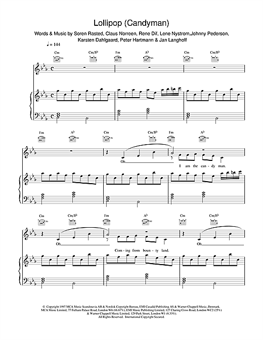 Preview Aqua Lollipop (Candyman) Pop sheet music, notes and chords for Piano, Vocal & Guitar (Right-Hand Melody), SKU: 15172 sheet music, piano notes, chords, guitar tabs, score, transpose, transcribe, how to play, guide, download, learn, tutorial, progression, song, artist, awards, billboard, mtv, vh1, tour, single, album, release