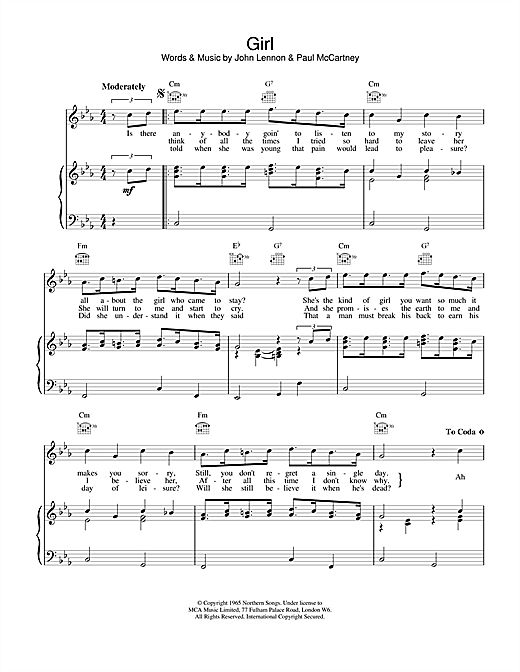 Preview The Beatles Girl Rock sheet music, notes and chords for Piano, Vocal & Guitar (Right-Hand Melody), SKU: 15195 sheet music, piano notes, chords, guitar tabs, score, transpose, transcribe, how to play, guide, download, learn, tutorial, progression, song, artist, awards, billboard, mtv, vh1, tour, single, album, release