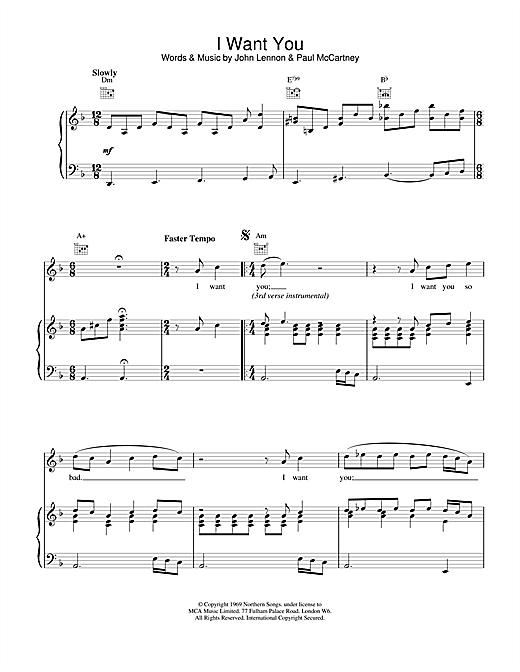 Preview The Beatles I Want You (She's So Heavy) Rock sheet music, notes and chords for Piano, Vocal & Guitar (Right-Hand Melody), SKU: 15207 sheet music, piano notes, chords, guitar tabs, score, transpose, transcribe, how to play, guide, download, learn, tutorial, progression, song, artist, awards, billboard, mtv, vh1, tour, single, album, release