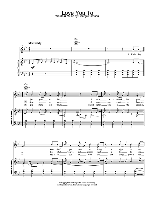 Preview The Beatles Love You To Rock sheet music, notes and chords for Piano, Vocal & Guitar (Right-Hand Melody), SKU: 15209 sheet music, piano notes, chords, guitar tabs, score, transpose, transcribe, how to play, guide, download, learn, tutorial, progression, song, artist, awards, billboard, mtv, vh1, tour, single, album, release