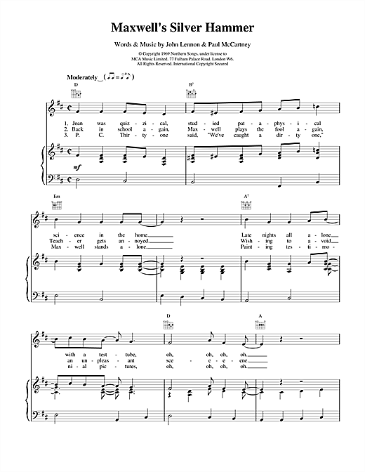Preview The Beatles Maxwell's Silver Hammer Rock sheet music, notes and chords for Piano, Vocal & Guitar (Right-Hand Melody), SKU: 15212 sheet music, piano notes, chords, guitar tabs, score, transpose, transcribe, how to play, guide, download, learn, tutorial, progression, song, artist, awards, billboard, mtv, vh1, tour, single, album, release