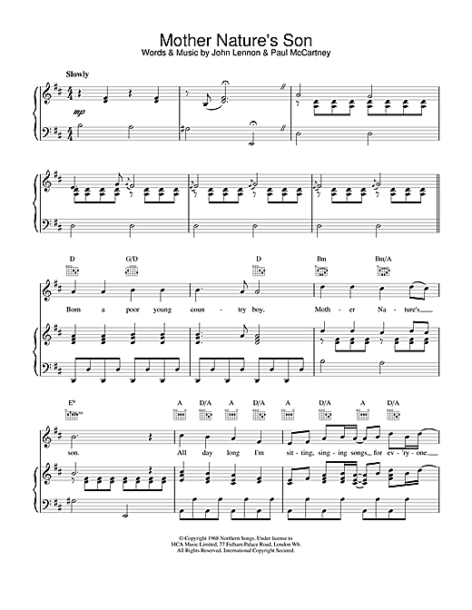 Preview The Beatles Mother Nature's Son Rock sheet music, notes and chords for Piano, Vocal & Guitar (Right-Hand Melody), SKU: 15215 sheet music, piano notes, chords, guitar tabs, score, transpose, transcribe, how to play, guide, download, learn, tutorial, progression, song, artist, awards, billboard, mtv, vh1, tour, single, album, release