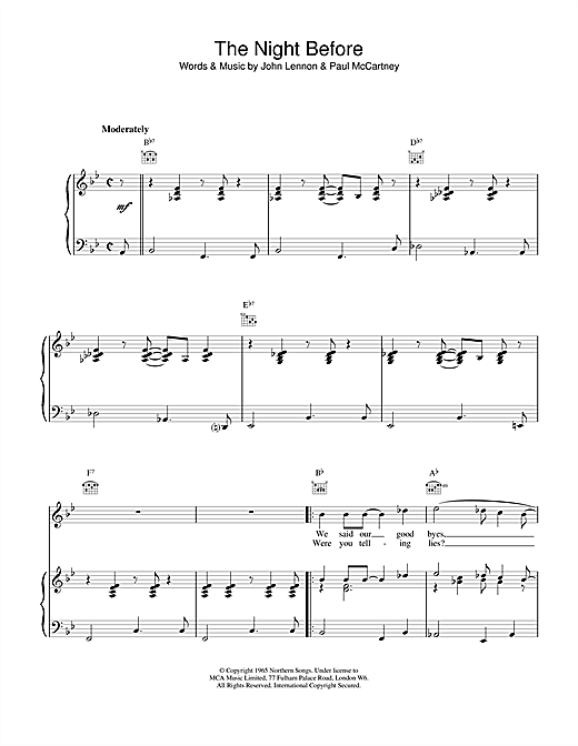 Preview The Beatles The Night Before Rock sheet music, notes and chords for Piano, Vocal & Guitar (Right-Hand Melody), SKU: 15223 sheet music, piano notes, chords, guitar tabs, score, transpose, transcribe, how to play, guide, download, learn, tutorial, progression, song, artist, awards, billboard, mtv, vh1, tour, single, album, release