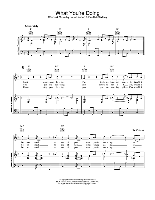 Preview The Beatles What You're Doing Rock sheet music, notes and chords for Piano, Vocal & Guitar (Right-Hand Melody), SKU: 15225 sheet music, piano notes, chords, guitar tabs, score, transpose, transcribe, how to play, guide, download, learn, tutorial, progression, song, artist, awards, billboard, mtv, vh1, tour, single, album, release