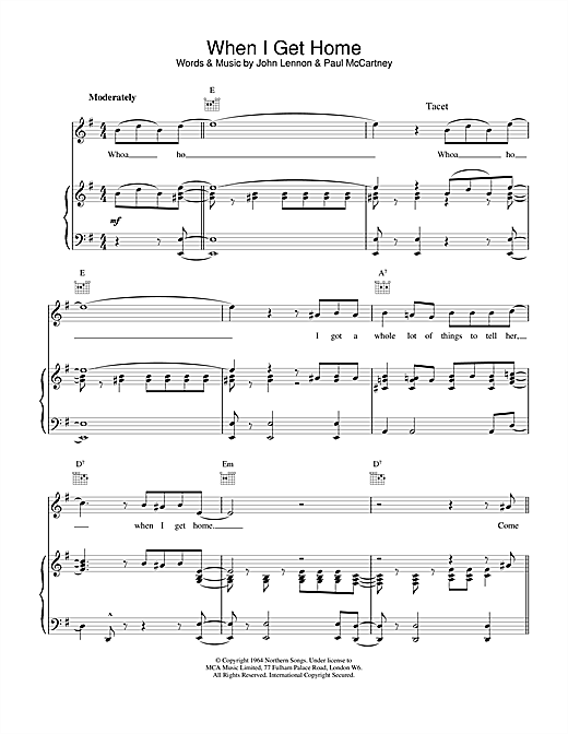 Preview The Beatles When I Get Home Rock sheet music, notes and chords for Piano, Vocal & Guitar (Right-Hand Melody), SKU: 15226 sheet music, piano notes, chords, guitar tabs, score, transpose, transcribe, how to play, guide, download, learn, tutorial, progression, song, artist, awards, billboard, mtv, vh1, tour, single, album, release