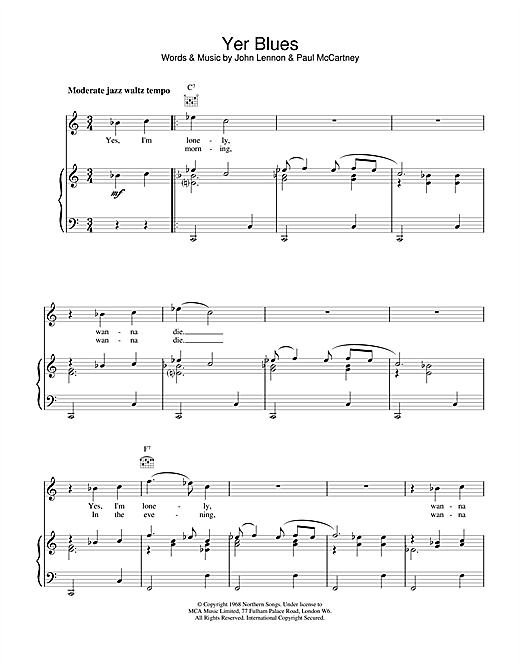 Preview The Beatles Yer Blues Rock sheet music, notes and chords for Piano, Vocal & Guitar (Right-Hand Melody), SKU: 15231 sheet music, piano notes, chords, guitar tabs, score, transpose, transcribe, how to play, guide, download, learn, tutorial, progression, song, artist, awards, billboard, mtv, vh1, tour, single, album, release