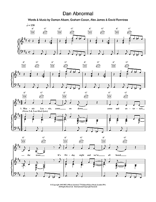 Preview Blur Dan Abnormal Pop sheet music, notes and chords for Piano, Vocal & Guitar (Right-Hand Melody), SKU: 15236 sheet music, piano notes, chords, guitar tabs, score, transpose, transcribe, how to play, guide, download, learn, tutorial, progression, song, artist, awards, billboard, mtv, vh1, tour, single, album, release