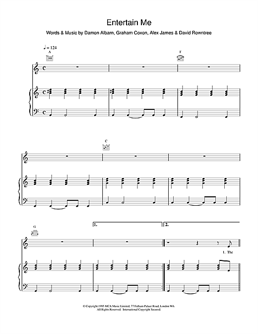 Preview Blur Entertain Me Pop sheet music, notes and chords for Piano, Vocal & Guitar (Right-Hand Melody), SKU: 15237 sheet music, piano notes, chords, guitar tabs, score, transpose, transcribe, how to play, guide, download, learn, tutorial, progression, song, artist, awards, billboard, mtv, vh1, tour, single, album, release