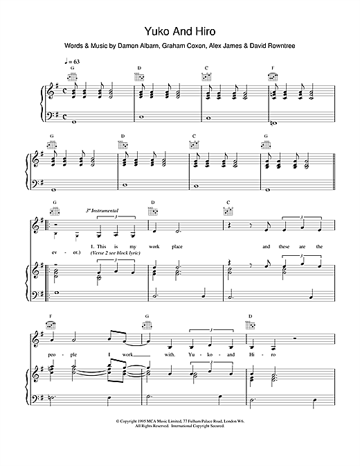 Preview Blur Yuko And Hiro Pop sheet music, notes and chords for Piano, Vocal & Guitar (Right-Hand Melody), SKU: 15247 sheet music, piano notes, chords, guitar tabs, score, transpose, transcribe, how to play, guide, download, learn, tutorial, progression, song, artist, awards, billboard, mtv, vh1, tour, single, album, release