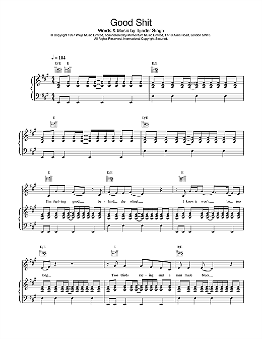 Preview Cornershop Good Shit Pop sheet music, notes and chords for Piano, Vocal & Guitar, SKU: 15249 sheet music, piano notes, chords, guitar tabs, score, transpose, transcribe, how to play, guide, download, learn, tutorial, progression, song, artist, awards, billboard, mtv, vh1, tour, single, album, release