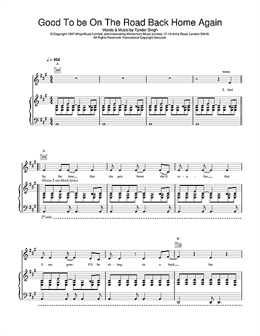 Preview Cornershop Good To Be On The Road Back Home Again Pop sheet music, notes and chords for Piano, Vocal & Guitar, SKU: 15250 sheet music, piano notes, chords, guitar tabs, score, transpose, transcribe, how to play, guide, download, learn, tutorial, progression, song, artist, awards, billboard, mtv, vh1, tour, single, album, release