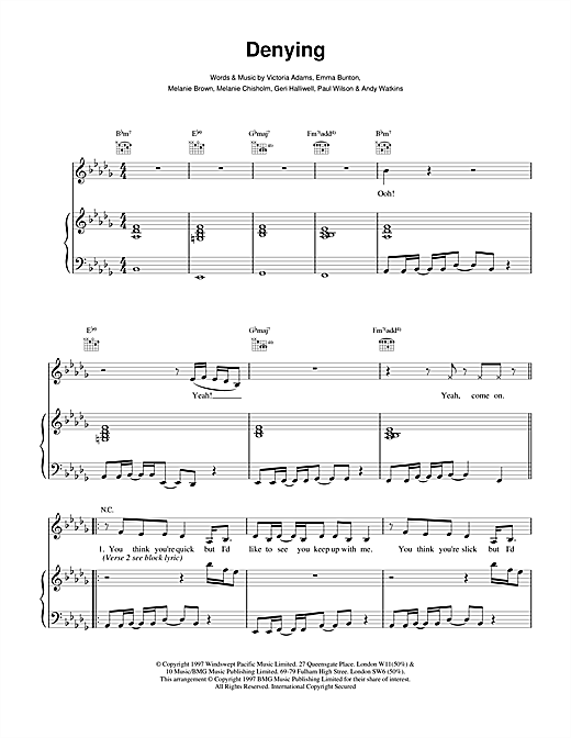 Preview The Spice Girls Denying Pop sheet music, notes and chords for Piano, Vocal & Guitar, SKU: 15257 sheet music, piano notes, chords, guitar tabs, score, transpose, transcribe, how to play, guide, download, learn, tutorial, progression, song, artist, awards, billboard, mtv, vh1, tour, single, album, release