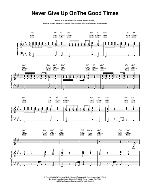 Preview The Spice Girls Never Give Up On The Good Times Pop sheet music, notes and chords for Piano, Vocal & Guitar, SKU: 15260 sheet music, piano notes, chords, guitar tabs, score, transpose, transcribe, how to play, guide, download, learn, tutorial, progression, song, artist, awards, billboard, mtv, vh1, tour, single, album, release