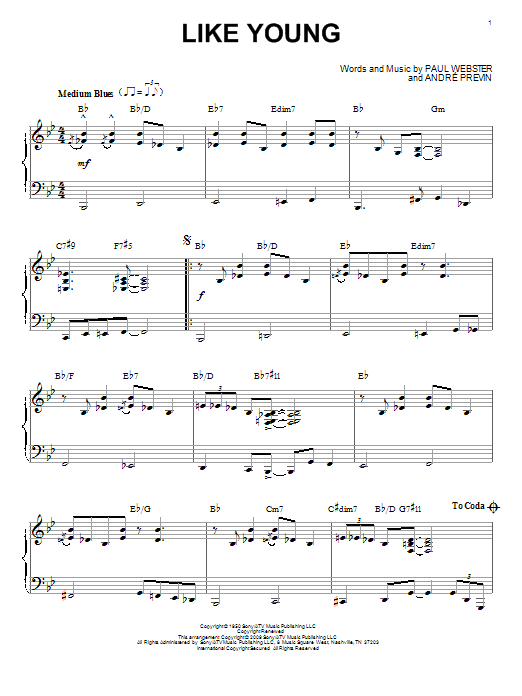 Preview André Previn Like Young Jazz sheet music, notes and chords for Piano, SKU: 152628 sheet music, piano notes, chords, guitar tabs, score, transpose, transcribe, how to play, guide, download, learn, tutorial, progression, song, artist, awards, billboard, mtv, vh1, tour, single, album, release