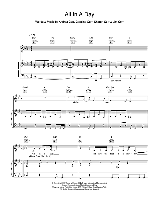 Preview The Corrs All In A Day Folk sheet music, notes and chords for Piano, Vocal & Guitar, SKU: 15264 sheet music, piano notes, chords, guitar tabs, score, transpose, transcribe, how to play, guide, download, learn, tutorial, progression, song, artist, awards, billboard, mtv, vh1, tour, single, album, release