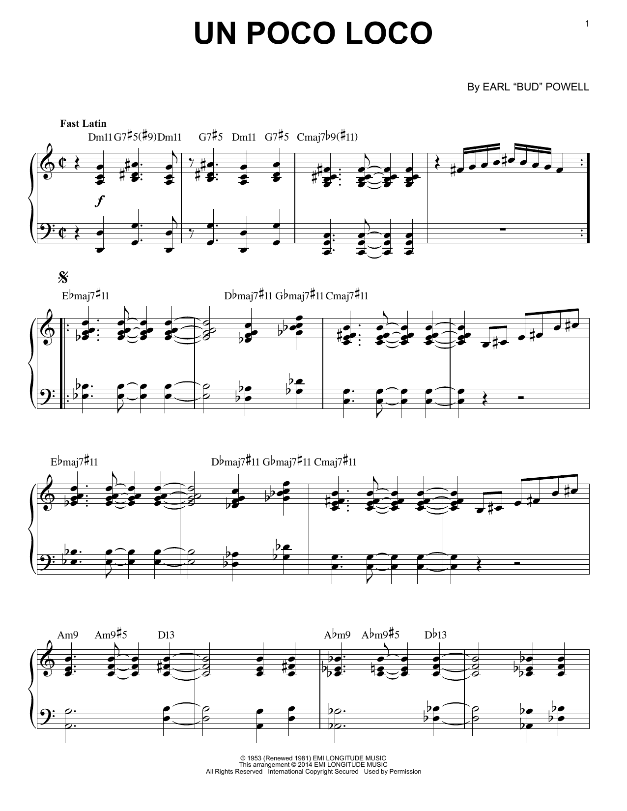 Learn Bud Powell Un Poco Loco sheet music notes, chords. 
