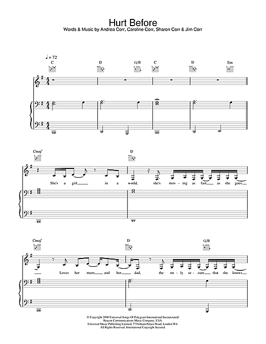 Preview The Corrs Hurt Before Folk sheet music, notes and chords for Piano, Vocal & Guitar, SKU: 15269 sheet music, piano notes, chords, guitar tabs, score, transpose, transcribe, how to play, guide, download, learn, tutorial, progression, song, artist, awards, billboard, mtv, vh1, tour, single, album, release