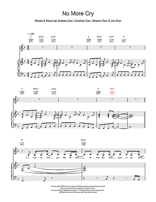 Preview The Corrs No More Cry Folk sheet music, notes and chords for Piano, Vocal & Guitar, SKU: 15271 sheet music, piano notes, chords, guitar tabs, score, transpose, transcribe, how to play, guide, download, learn, tutorial, progression, song, artist, awards, billboard, mtv, vh1, tour, single, album, release