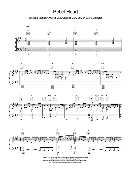 Preview The Corrs Rebel Heart Folk sheet music, notes and chords for Piano, Vocal & Guitar, SKU: 15274 sheet music, piano notes, chords, guitar tabs, score, transpose, transcribe, how to play, guide, download, learn, tutorial, progression, song, artist, awards, billboard, mtv, vh1, tour, single, album, release
