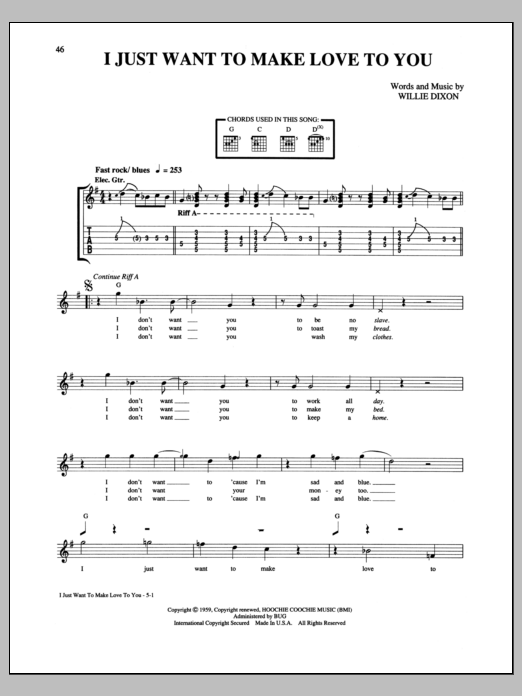 Foghat I Just Want To Make Love To You Sheet Music Notes Chords Download Rock Notes Guitar Tab Pdf Print