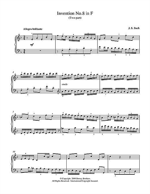 Preview J.S. Bach Two-Part Invention No. 8 in F Major Classical sheet music, notes and chords for Piano, SKU: 15360 sheet music, piano notes, chords, guitar tabs, score, transpose, transcribe, how to play, guide, download, learn, tutorial, progression, song, artist, awards, billboard, mtv, vh1, tour, single, album, release