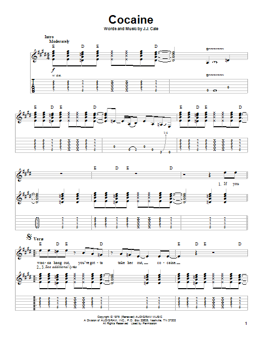 Eric Clapton Cocaine Sheet Music Notes, Chords | Download Pop.