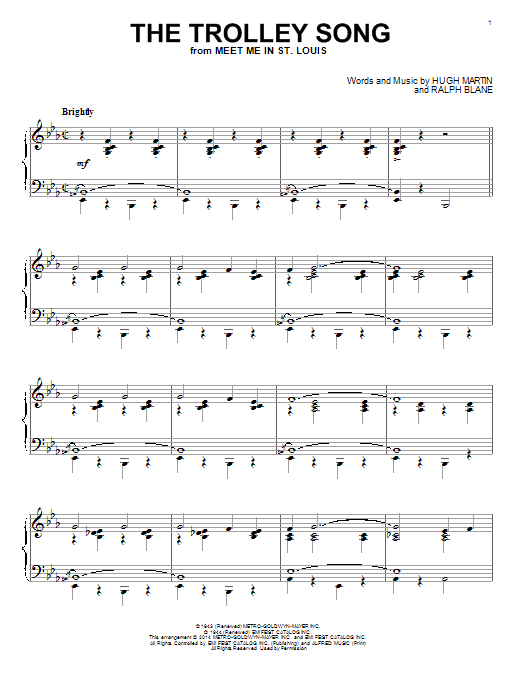 Preview Judy Garland The Trolley Song Broadway sheet music, notes and chords for Piano, SKU: 153929 sheet music, piano notes, chords, guitar tabs, score, transpose, transcribe, how to play, guide, download, learn, tutorial, progression, song, artist, awards, billboard, mtv, vh1, tour, single, album, release