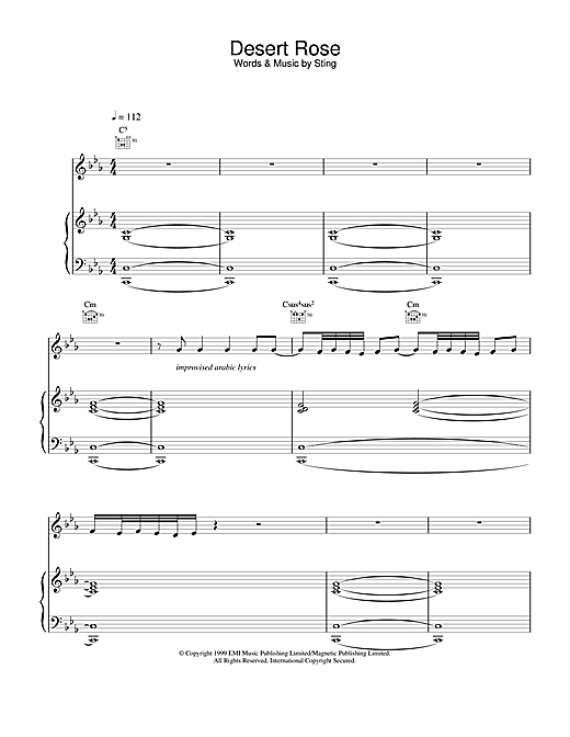 Preview Sting Desert Rose Rock sheet music, notes and chords for Piano, Vocal & Guitar, SKU: 15420 sheet music, piano notes, chords, guitar tabs, score, transpose, transcribe, how to play, guide, download, learn, tutorial, progression, song, artist, awards, billboard, mtv, vh1, tour, single, album, release