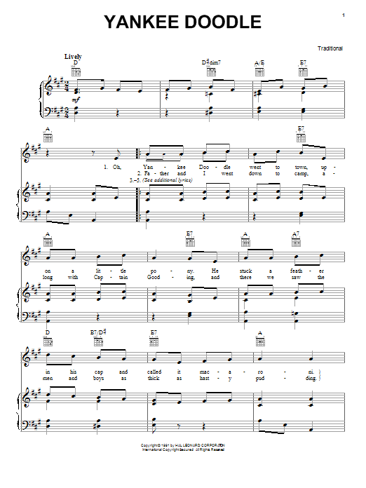 Traditional Yankee Doodle Sheet Music Notes Chords Download American Notes Piano Vocal Guitar Right Hand Melody Pdf Print 1543