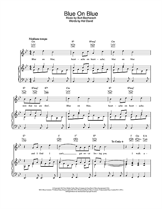 Preview Bacharach & David Blue On Blue Pop sheet music, notes and chords for Piano, Vocal & Guitar (Right-Hand Melody), SKU: 15456 sheet music, piano notes, chords, guitar tabs, score, transpose, transcribe, how to play, guide, download, learn, tutorial, progression, song, artist, awards, billboard, mtv, vh1, tour, single, album, release