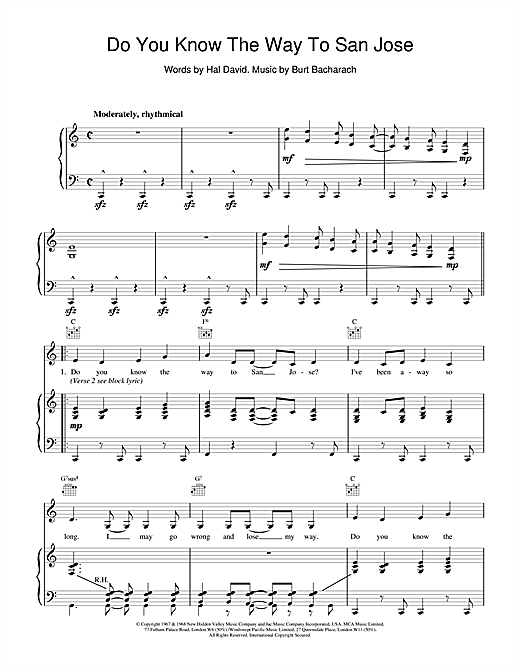 Preview Bacharach & David Do You Know The Way To San Jose Pop sheet music, notes and chords for Piano, Vocal & Guitar (Right-Hand Melody), SKU: 15457 sheet music, piano notes, chords, guitar tabs, score, transpose, transcribe, how to play, guide, download, learn, tutorial, progression, song, artist, awards, billboard, mtv, vh1, tour, single, album, release
