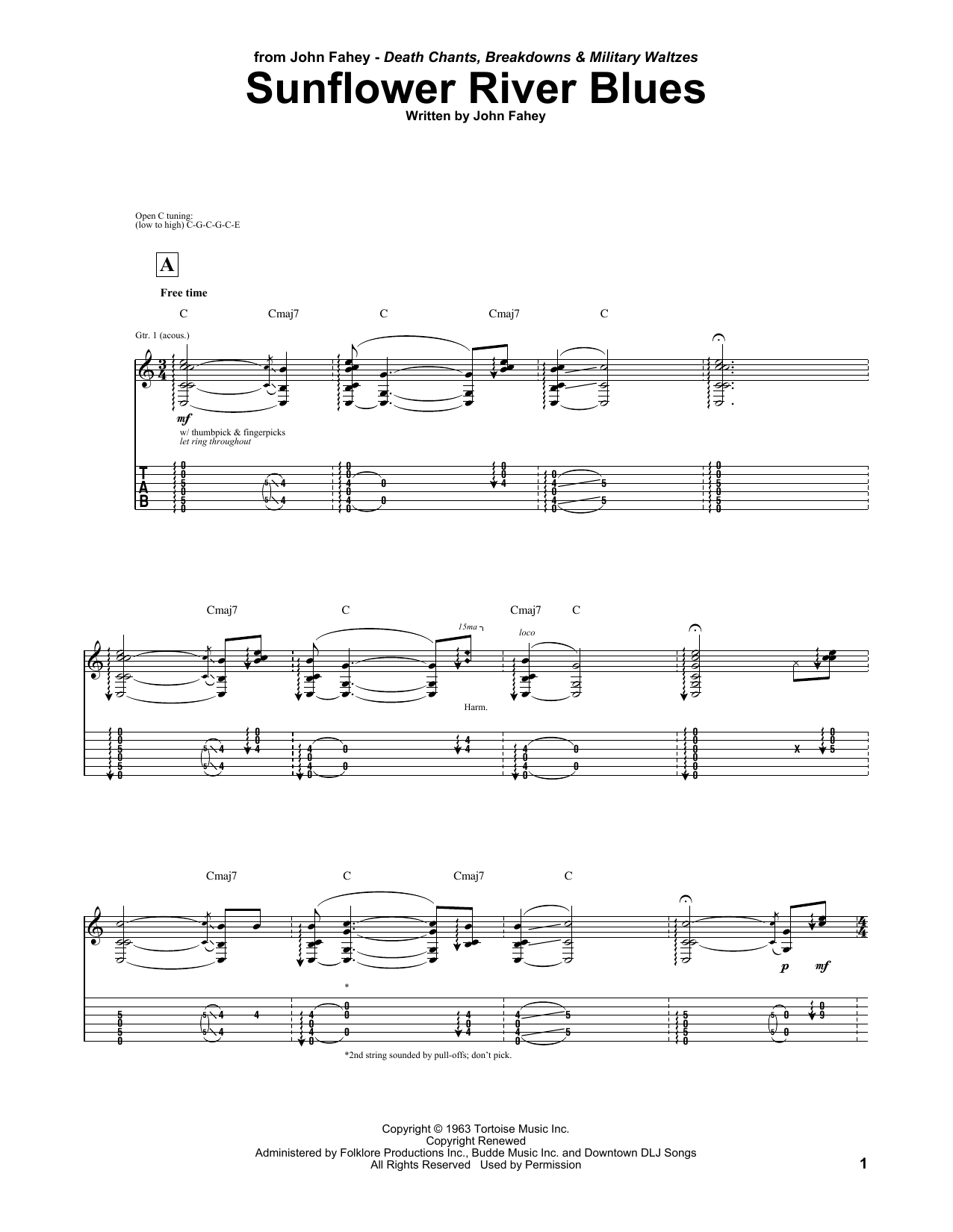 Learn John Fahey Sunflower River Blues sheet music notes, chords. 